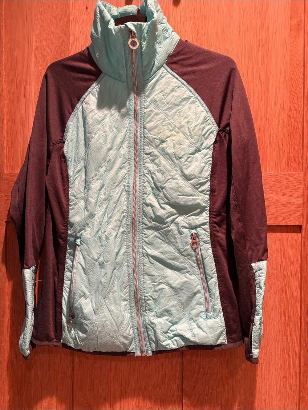 Calvin Klein Light Blue and Burgundy Women’s Quilted Hybrid Jacket
